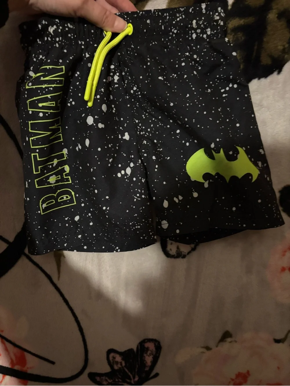Kids' Black Batman Swim Shorts with Neon Yellow Accents